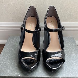 Black Patent Leather Via Spiga Mary Jane Peep-Toe Platform Heels
